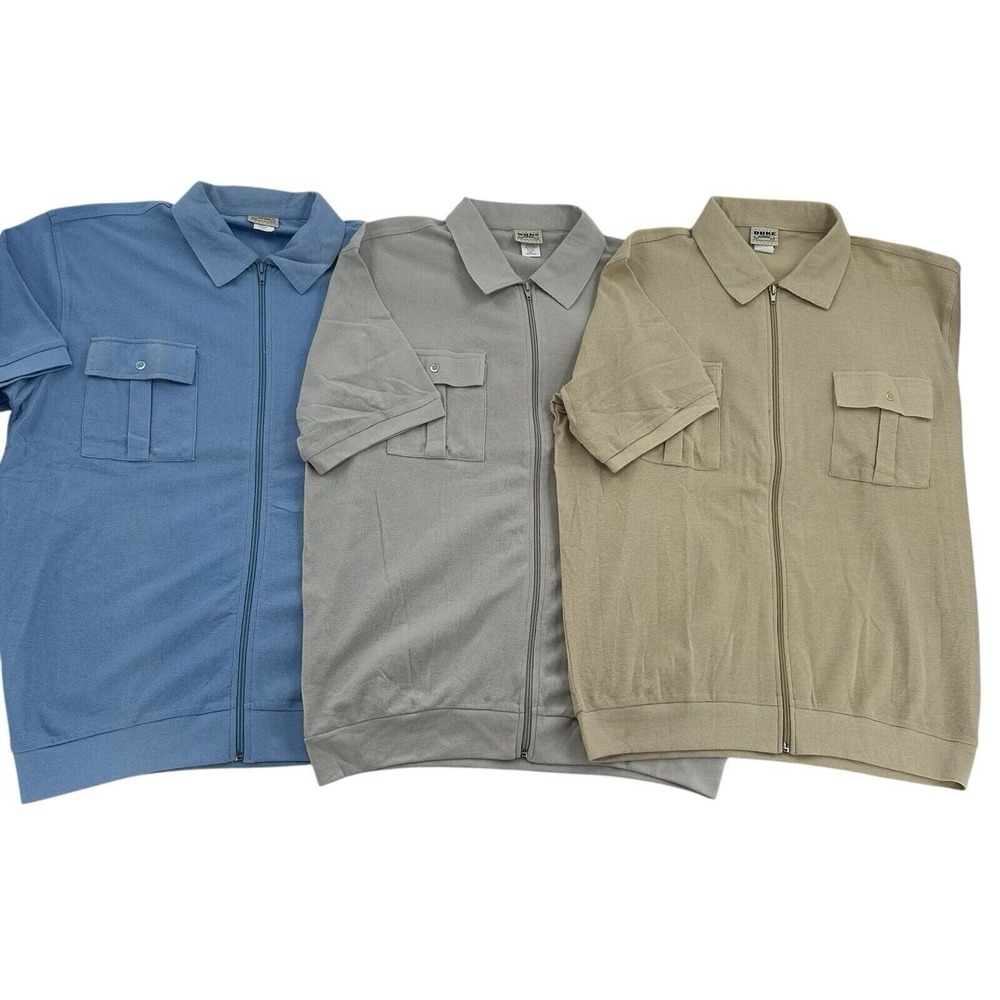Duke Haband Mens Full Zip Knit Shirt Lot 3 Pack Blue Grey Tan Size L Lot Of 3